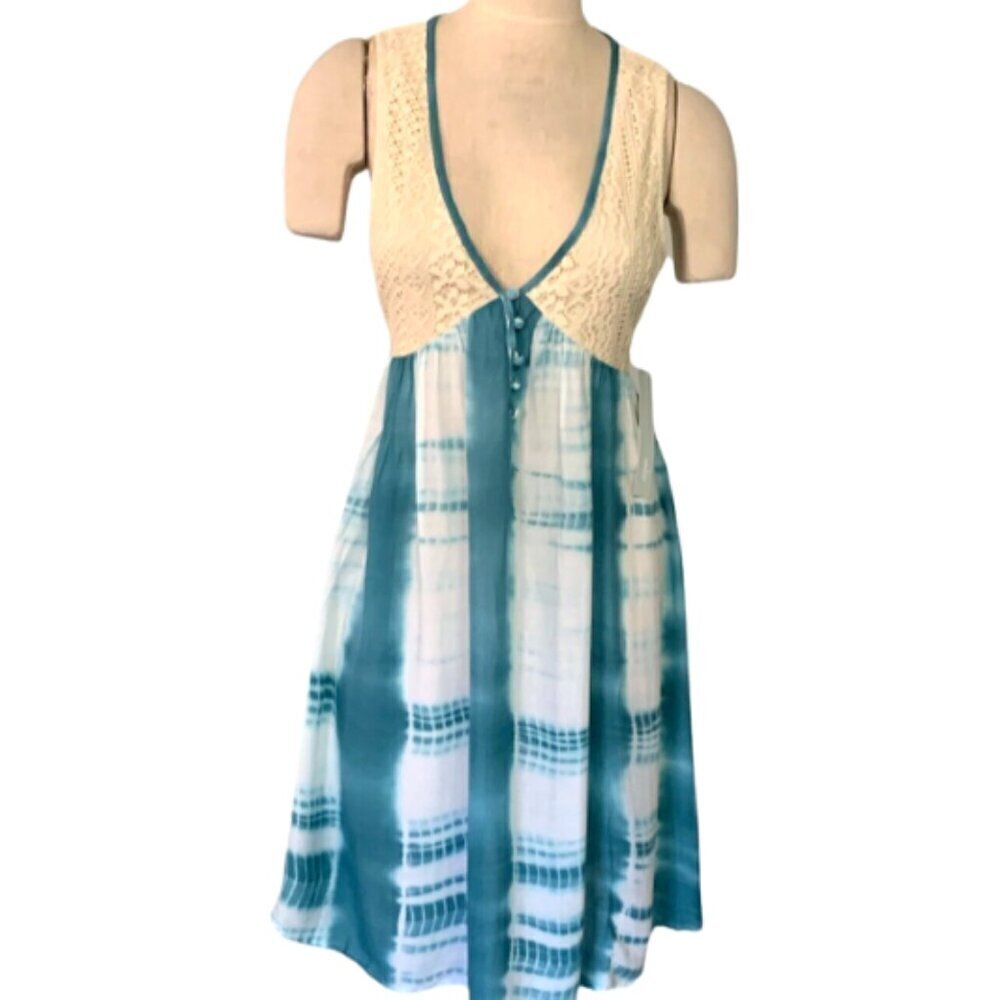 And Or Vogue Mixed Media Tie Dye Plaid/Lace Sleeveless V-Neck Dress L Teal #357J
